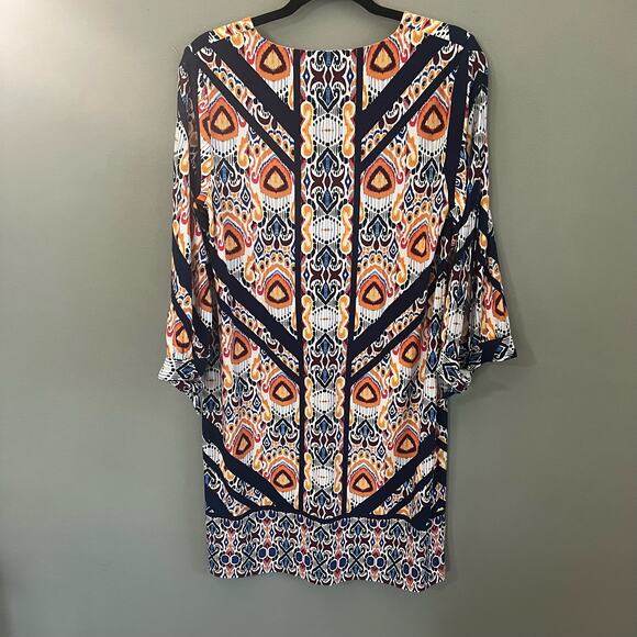 Chico’s Vibrant Fall Print Pullover Ikat Medallion Dress with Tie Sleeves Size 1 - Picture 8 of 12